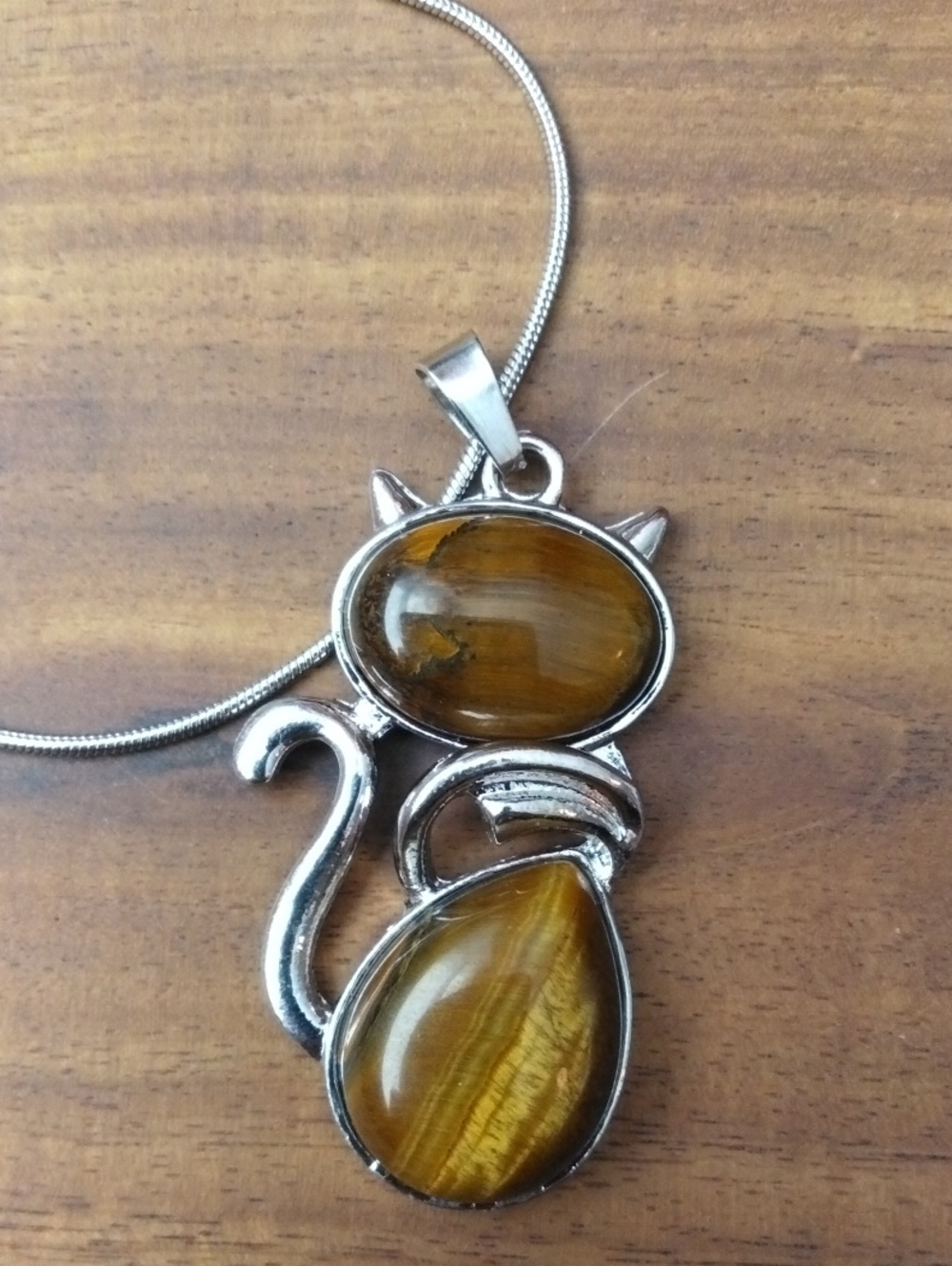 Cat Pendant Necklace with Tiger's Eye Stones - Brown and Silver